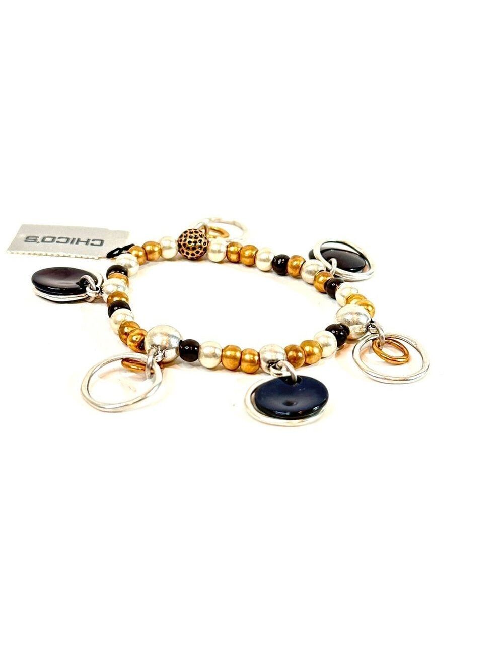 CHICO’s ‘Hoopsy Hoops’ Gold & Silver Charm Bracelet w Black Accents | NWT